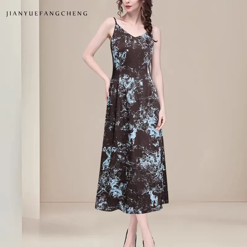 

Модное летнее женское платье-сарафан с принтом «Дерево и олени», без рукавов, с V-образным вырезом, длинное, повседневное, облегающее, в стиле ретро, для вечерних выходов