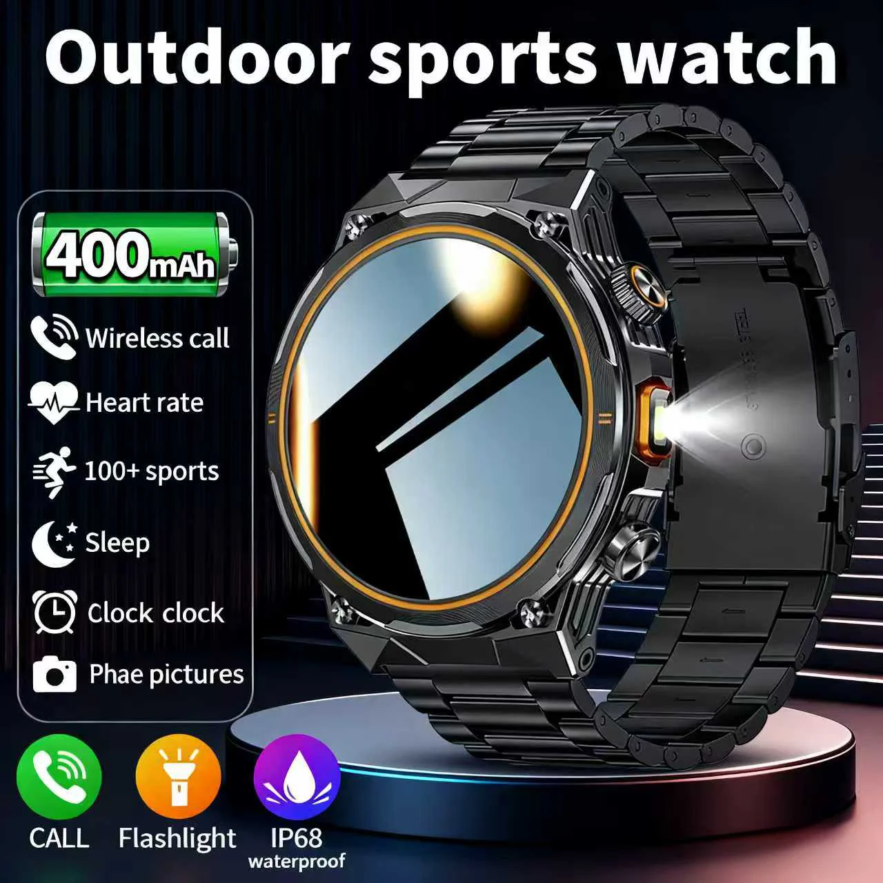 

2025 New Sport Smartwatch 400mAh Battery 1.46" HD Display Wireless Call LED Flashlight Military Smart Watch For Android iOS