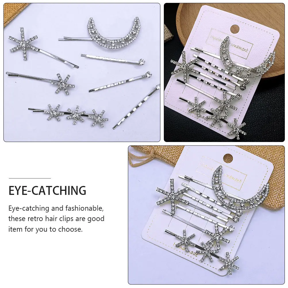 

Набор из 7 заколок для волос в форме звезды и луны, с кристаллами, декоративные, шикарные, в стиле ретро, модные аксессуары для волос для женщин