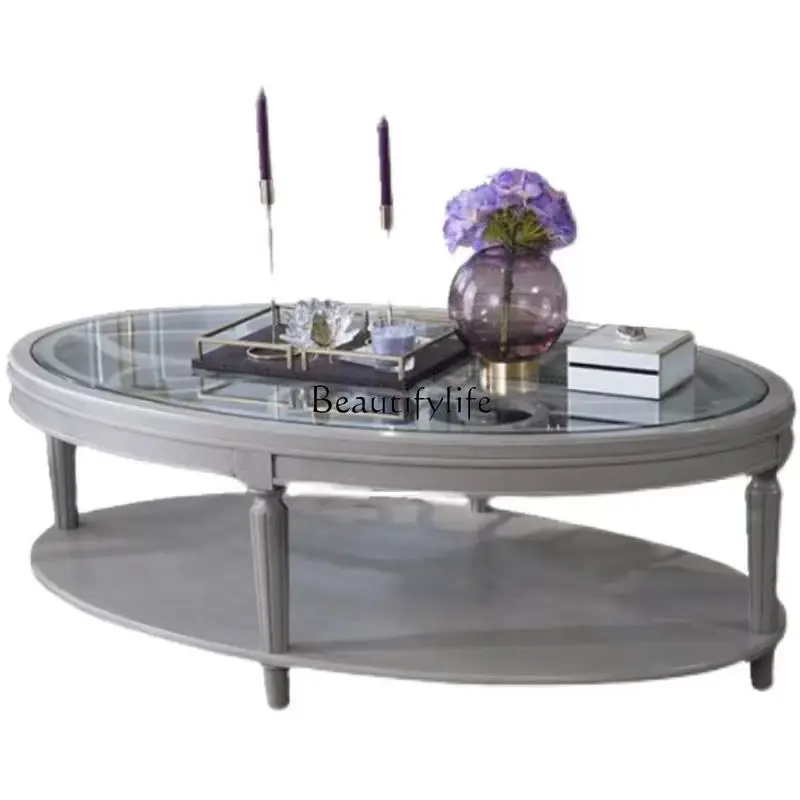 

American rural solid wood coffee table post-modern light luxury double-layer oval coffee table