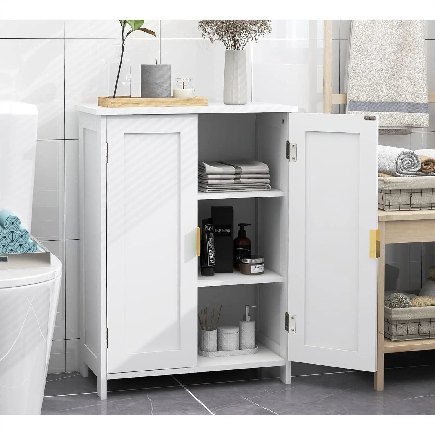

White Bathroom Storage Cabinet Freestanding with 2 Doors, Towel Cabinet for Bathrooms, Small Storage Cabinet for Office, Living