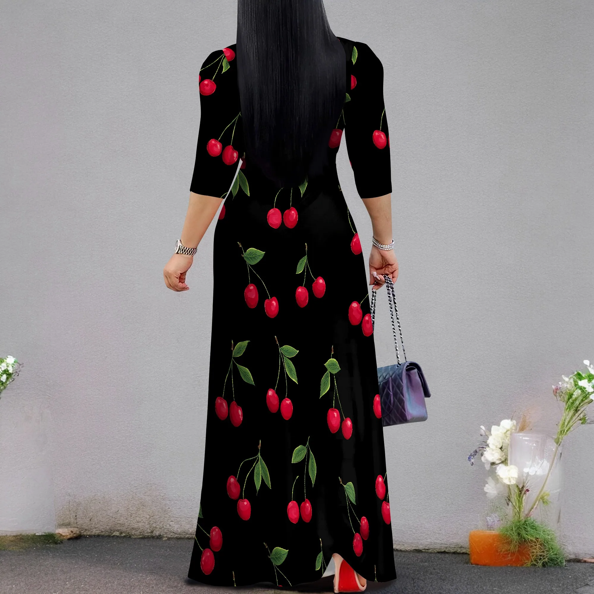 Women's Floral Print Maxi Dresses Summer with Pockets Casual 3 4 Sleeve V-Neck Wrap Tie Waist Long Dress