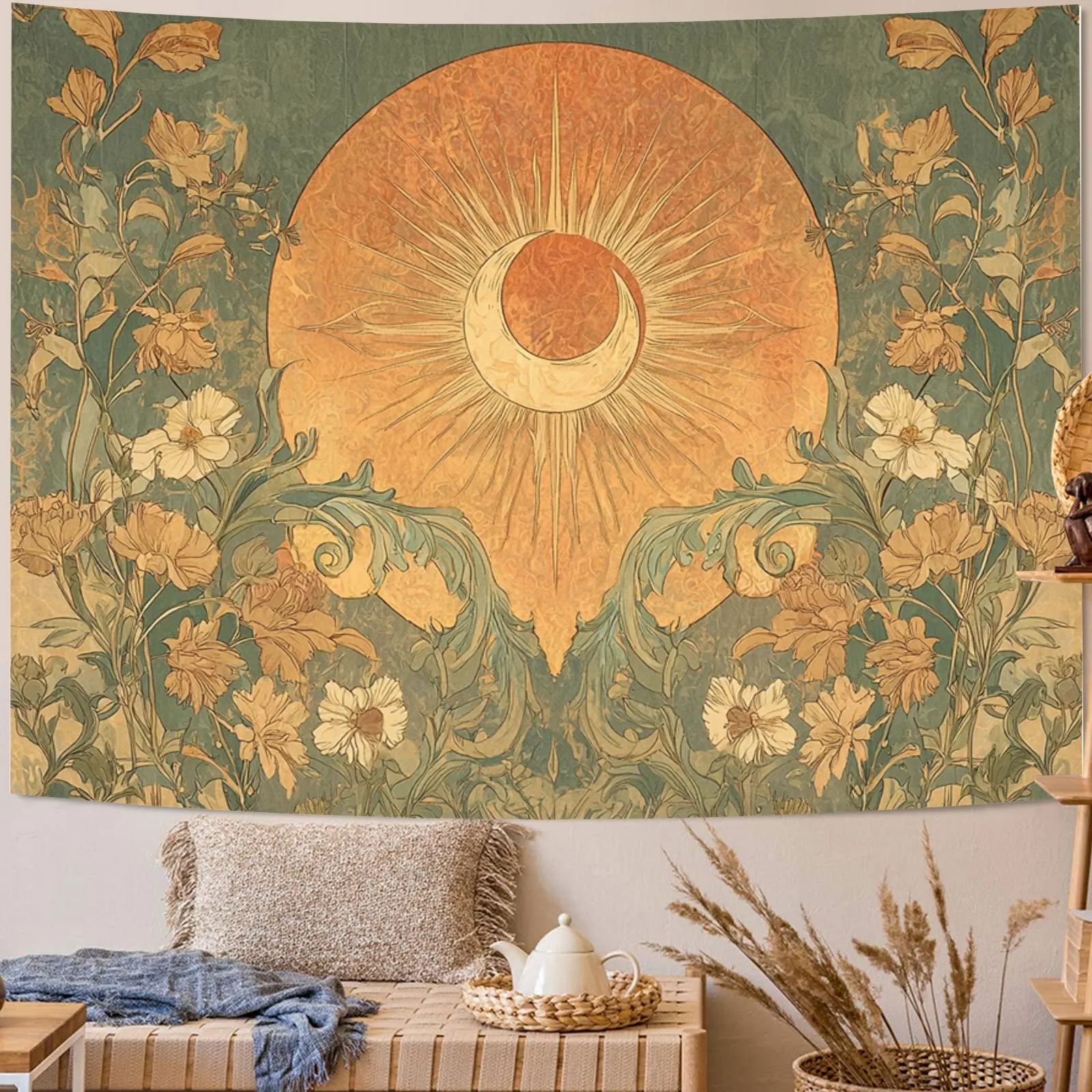 Bohemian Sun and Moon Wall Tapestry - Horizontal Celestial Bedspread-Style Lunar Phases & Solars in Neutral /Taupe - Soft Fabric