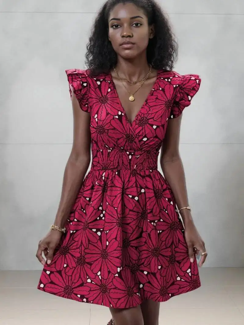 Mode V-ausschnitt Gedruckt Kleid frauen Blütenblatt Hülse Mini Kleider Sommer Party A-Line Kleid Vestidos Mode Süße Mini Kleid PJZ2