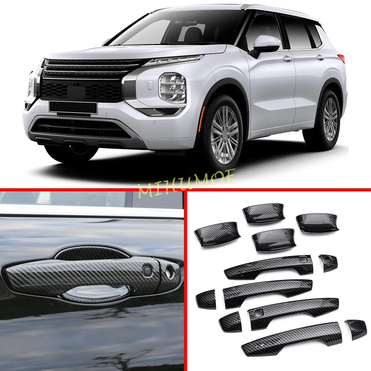Carbon Fiber & Chrome Auto Türgriff Schüssel Abdeckung Für 2022-2025 Mitsubishi Outlander 2023 2024 2025 Styling Aufkleber Zubehör