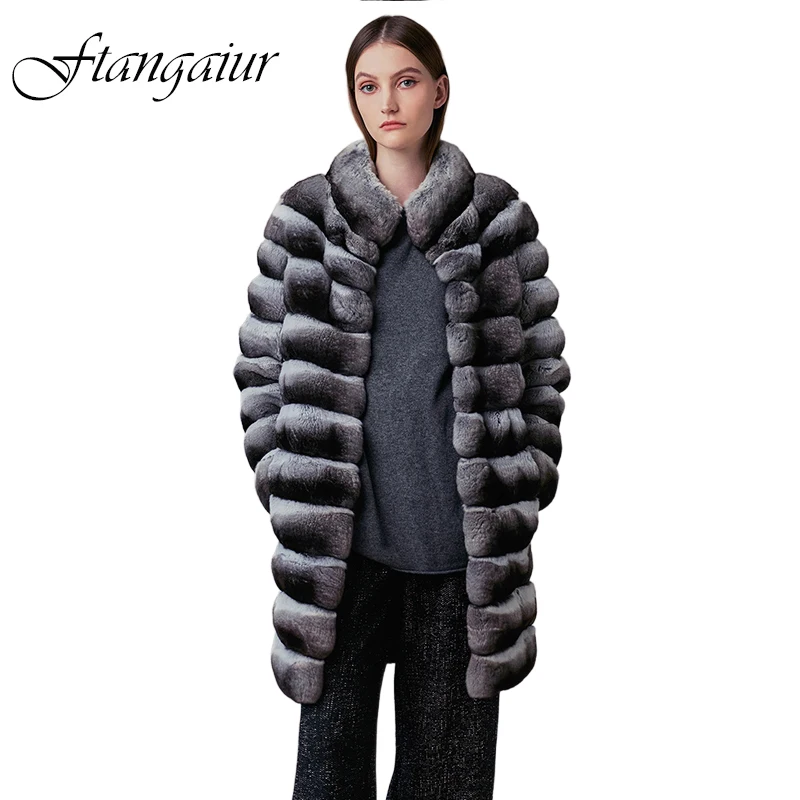 Ftangaiur Winter European Import Cyan Blue Chinchilla Coat Mandarin Collar Women Upscale Medium Natural Chinchilla Fur Coats