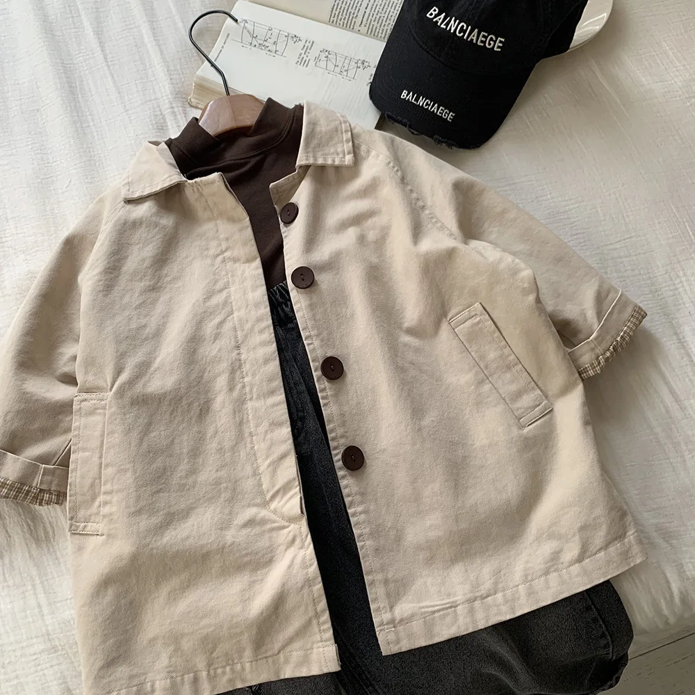 

Childrens Coat Spring and Autumn Korean Version Solid Color Simple Casual Windbreaker Jacket Stylish Daily Versatile Wear