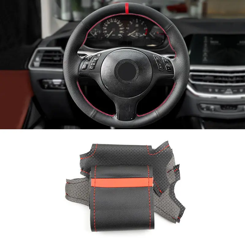 For BMW M Sport E46 330i 330Ci E39 540i 525i 530i M3 E46 Hand Stitched Perforated Leather Car Steering Wheel Cover With Red Line