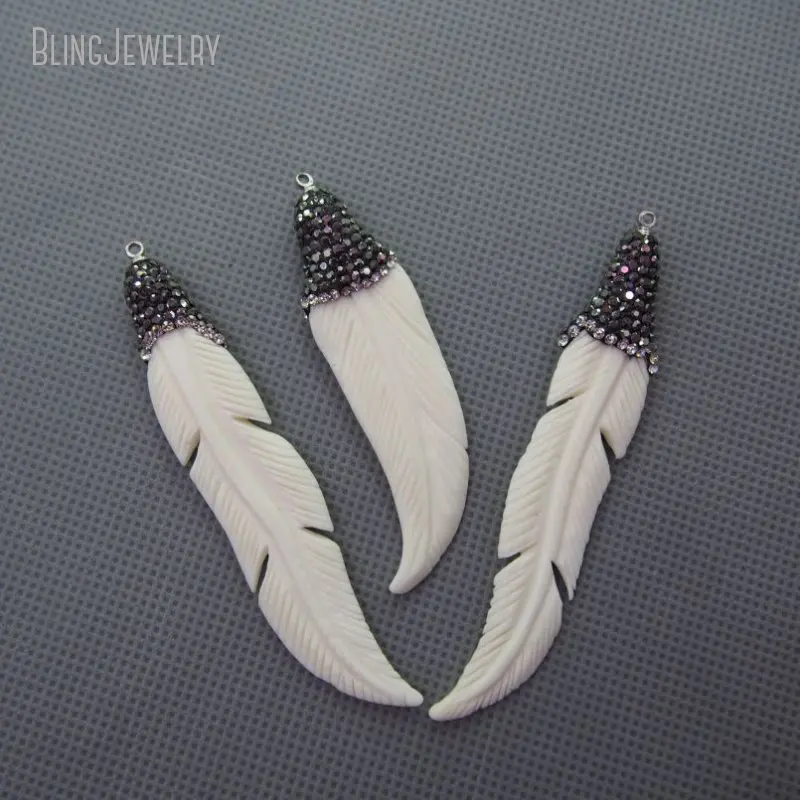

10pcs Pave Rhinestone White Ox Tusk Bull Feather Pendant Keychain Charm Bohemian Buffalo Bone Jewelry Making Supplies