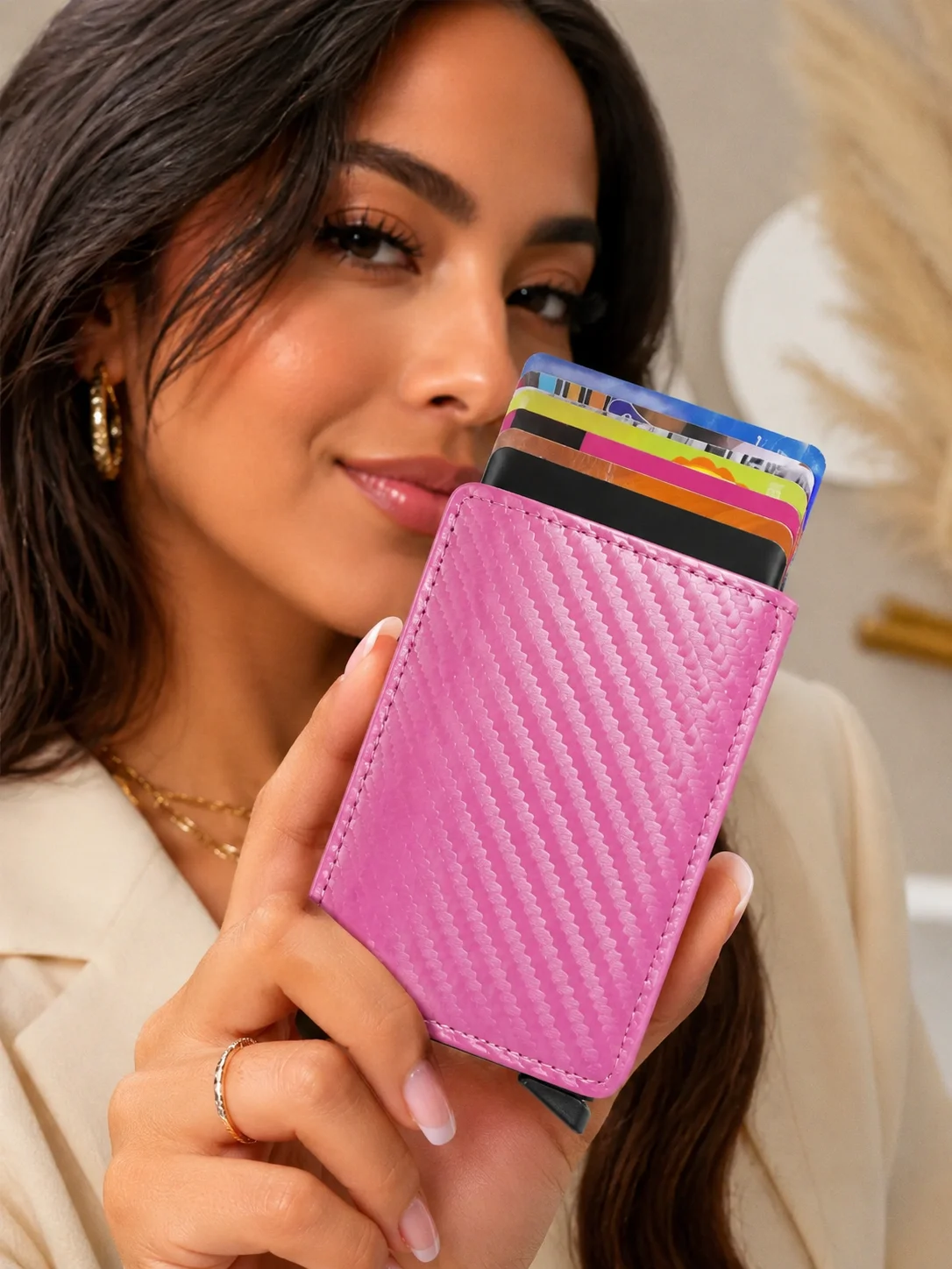 Carbon Fiber RFID Blocking Wallet with Automatic Card Eject Feature, Compact Business Card Holder