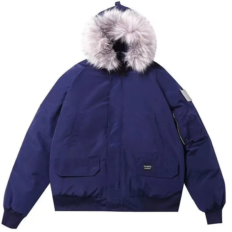 Men's Vintage American Style Faux Fur Collar Puffer Jacket Thick Warm Cotton Winter Coat Loose Fit Gray Workwear Fashion