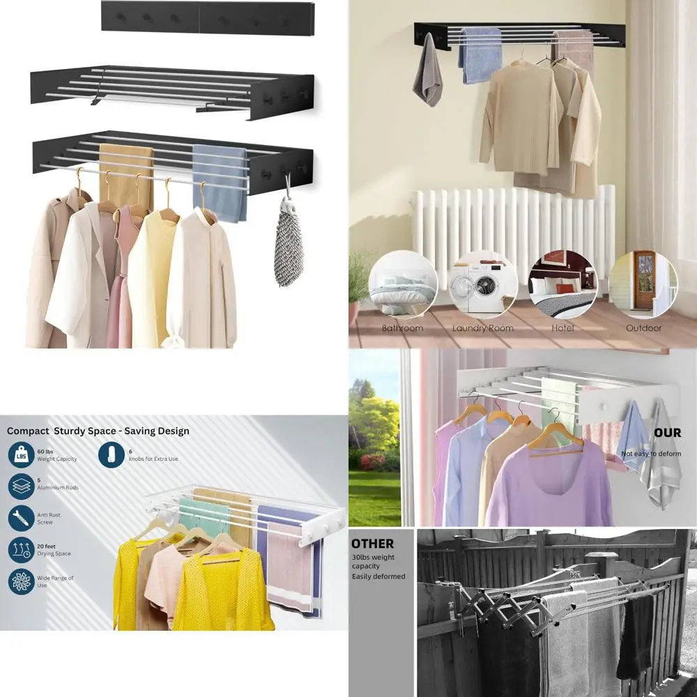 

Space-Saving Foldable Clothes Drying Rack - Wall Mount, 60 lbs Capacity, Black, Laundry Room Essential