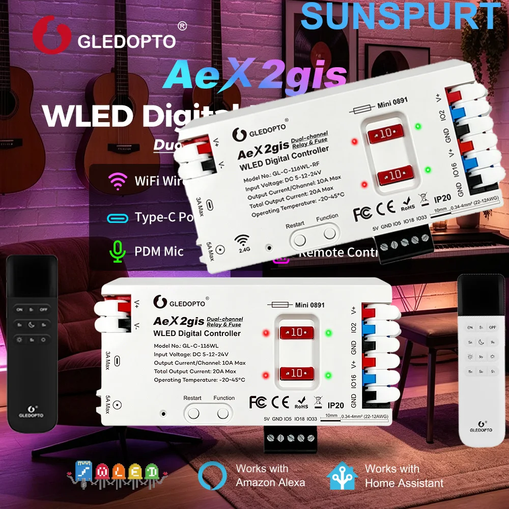 10GLEDOPTO ESP32 WLED Controller 2 Outputs 20A Fuse Mic GL-C-116WL-RF2.4G SPI Lights UART DIY Energy PWM Matter over Thread WIFI