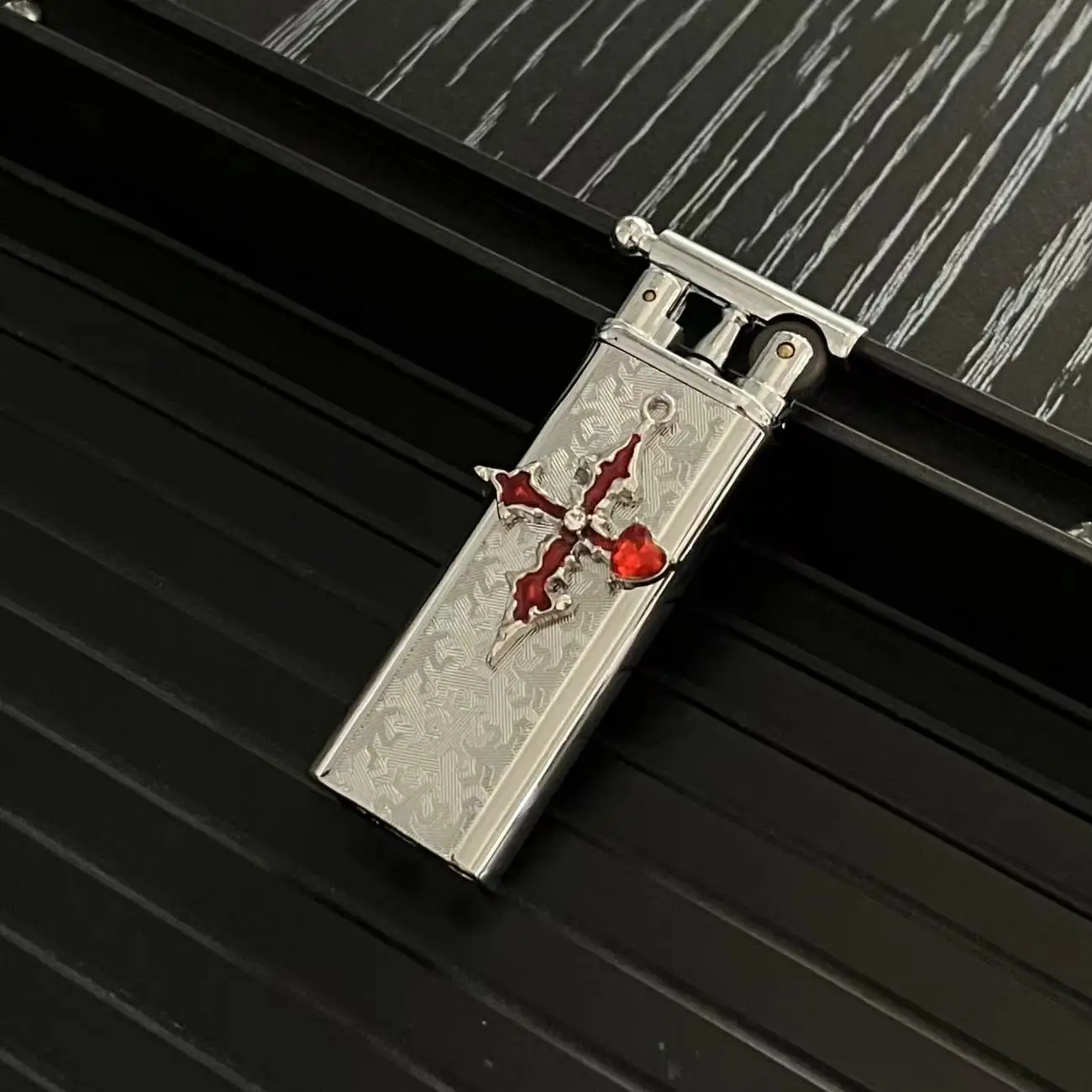 Gothic Rocker Lighter, Chrome Metallic Body, Jeweled Cross Ornament, Engraved Texture Windproof Jet Flame Refillable Collectible