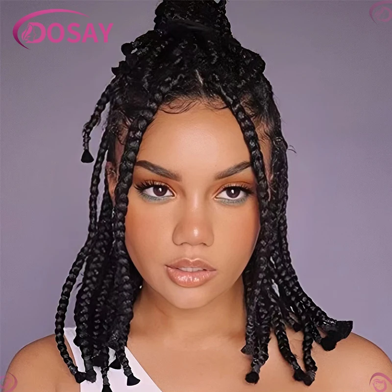 Pelucas sintéticas trenzadas Bob corto para mujeres negras, peluca trenzada de caja sin nudos de 10 ", peluca de encaje completo, trenzas de cabello, cabello trenzado negro