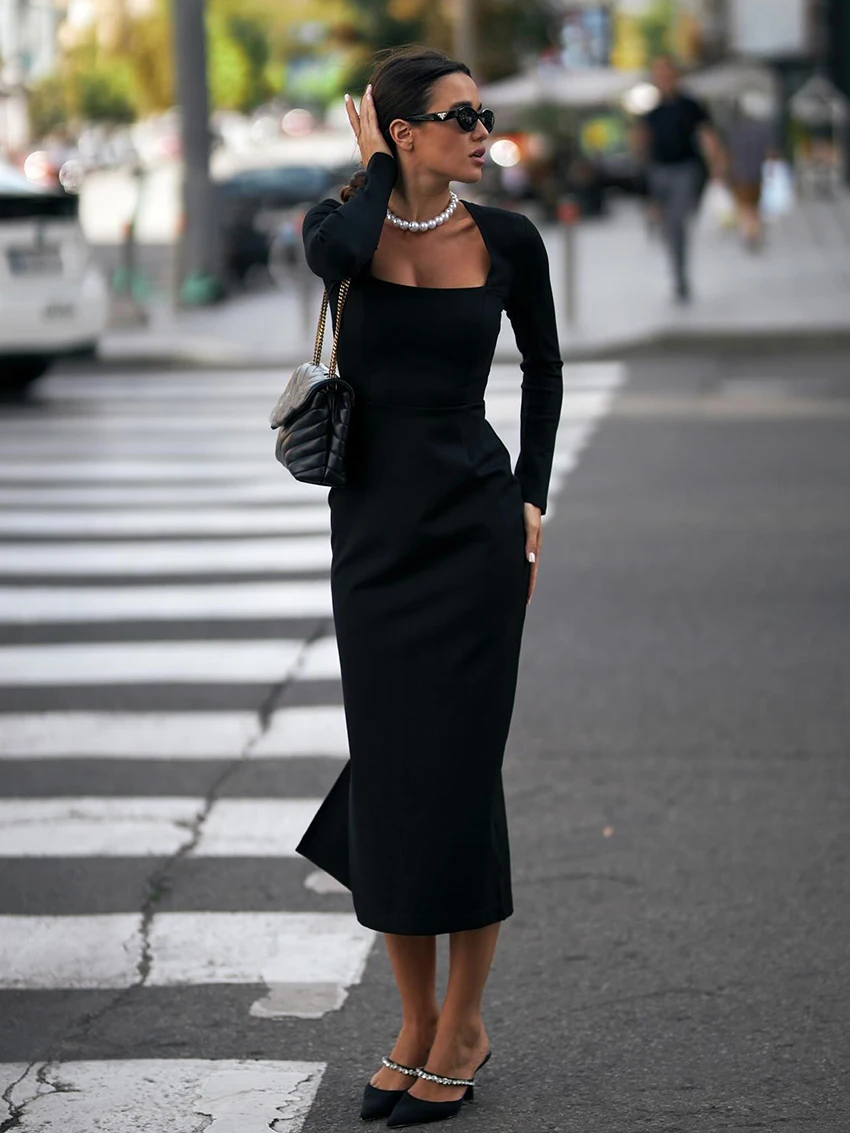 

Marthaqiqi Fashion Ladies Nightwear Sexy Square Collar Pajama Long Sleeve Nightgown Mid-Calf Dress Winter Female Sleepwear Black