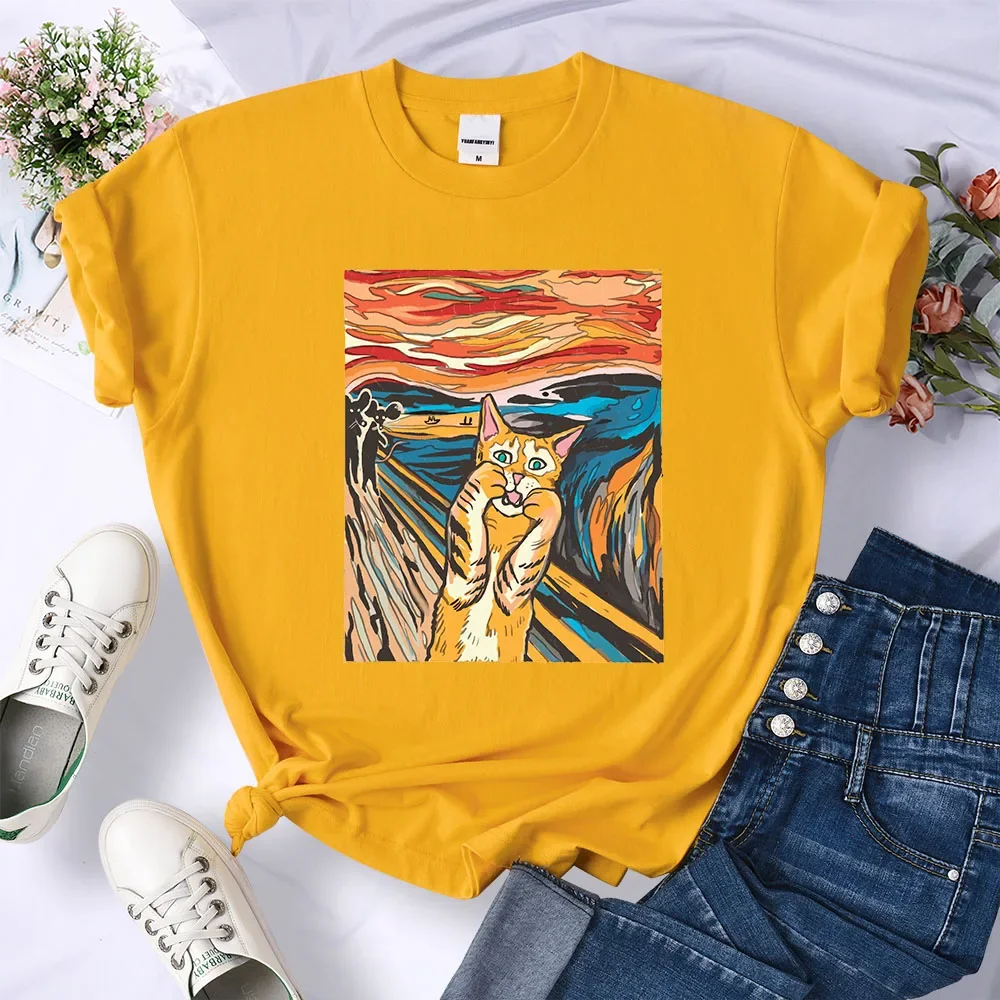 The Scream Parody Cat Abstract Oil Paint T Shirt Trendy Loose Women Clothing Harajuku Street Tops Multicolor Female Casual Tee