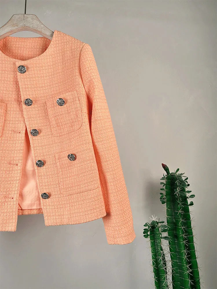 Luxury Office Ladies Top Women\'s Jacket 2023 Spring New Orange Tweed V-neck Elegant Short Slim Small Fragrant Korean Coat