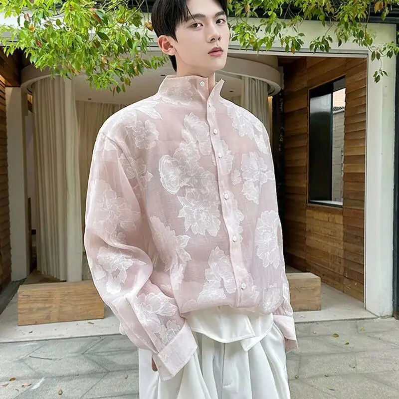 EFB Summer New Men's Sheer Shirt Pink Floral Jacquard Sun Protection Clothing Loose Long Sleeve Casual See-Through Top 9XC4KJ