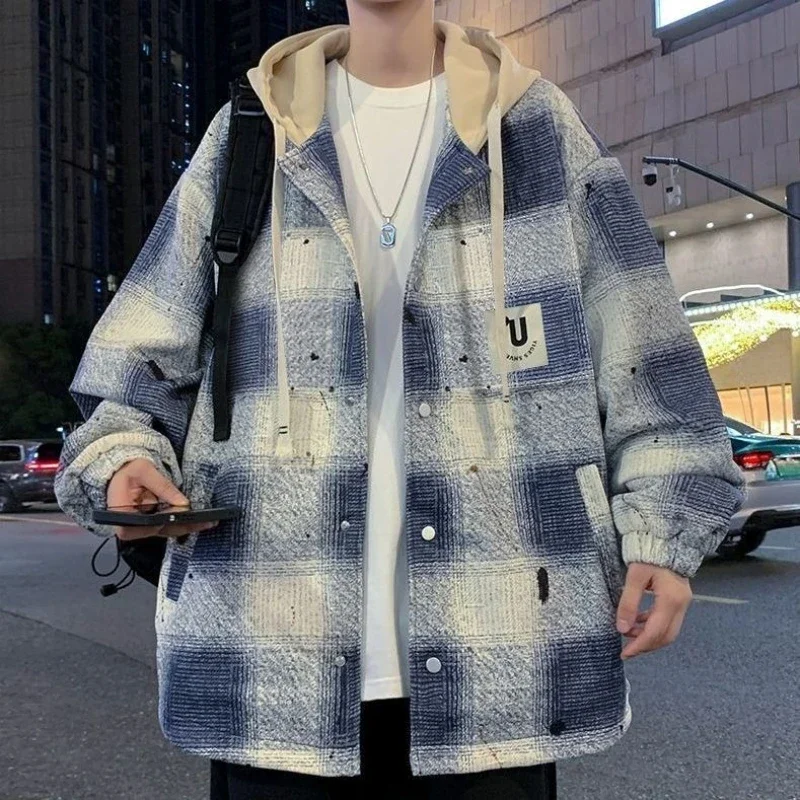 

​ Тяжелая мужская бейсбольная куртка, теплое пальто в клетку на флисовой подкладке с капюшоном, городская уличная одежда для осенне-зимнего сезона ​