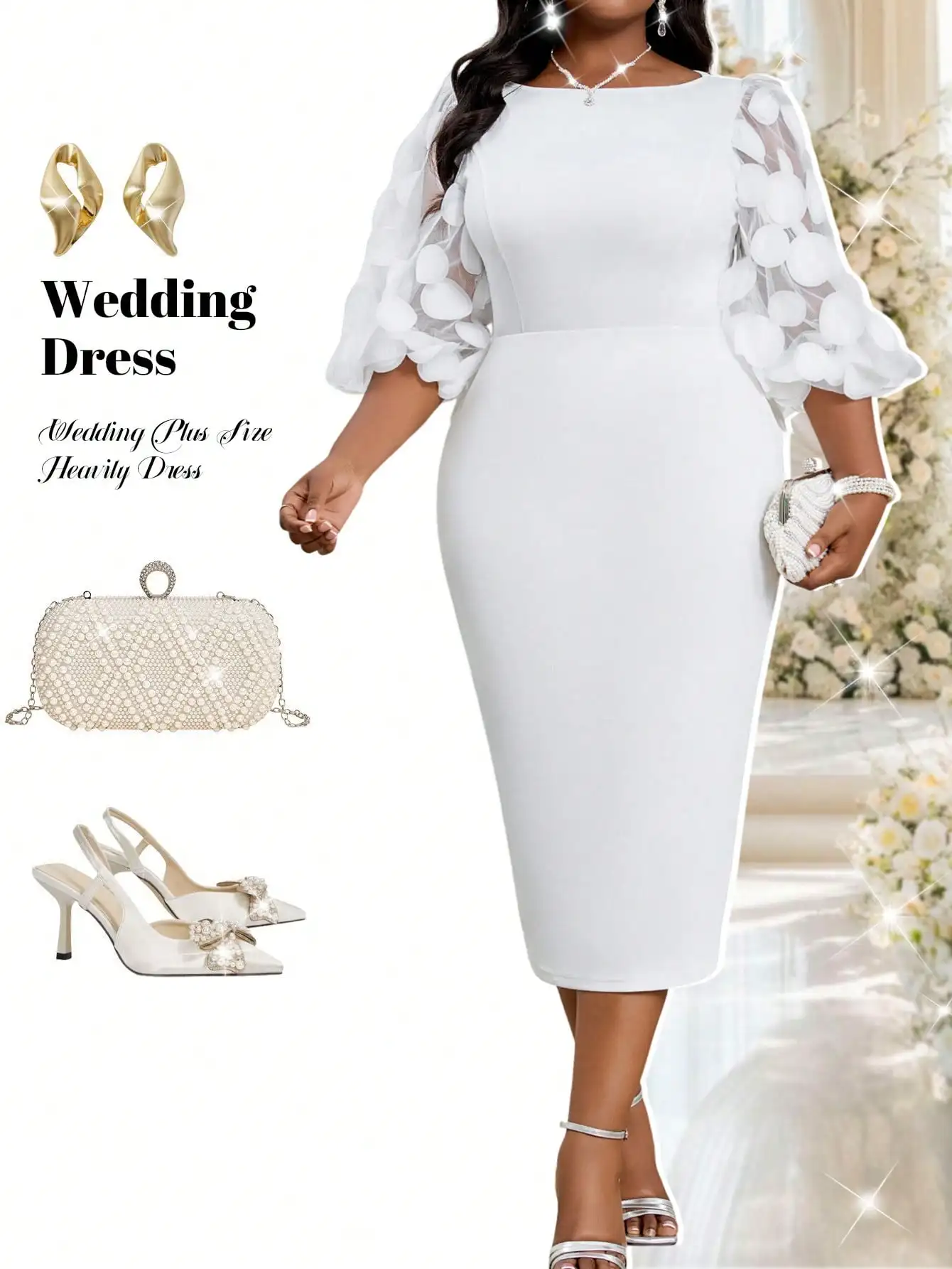 

Элегантное свадебное платье больших размеров с круглым вырезом, пышными рукавами и цветочным принтом из сетки