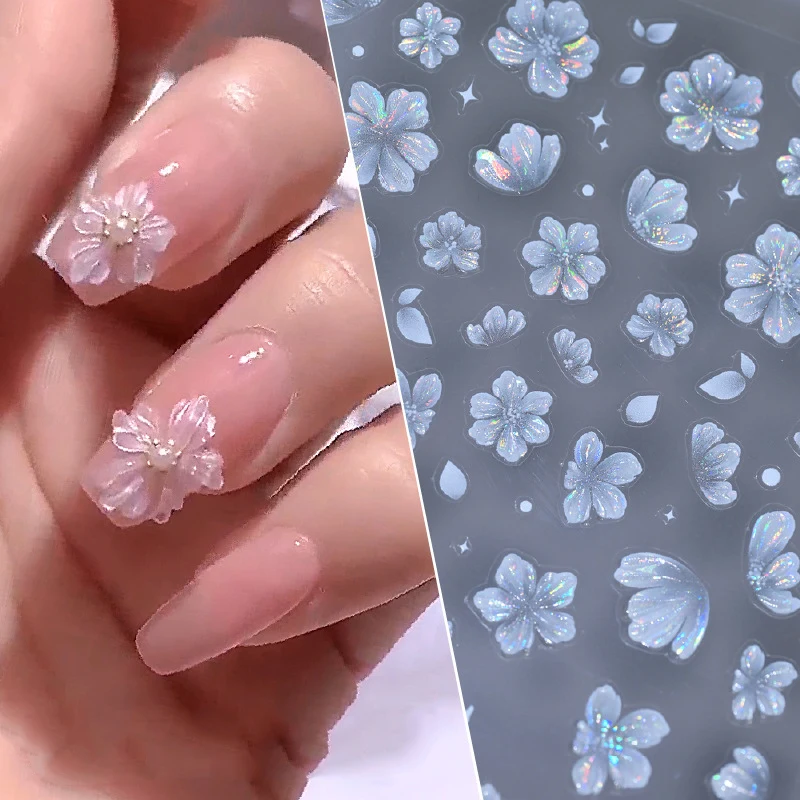 5D Ice-Aurora Shell Flowers Nail Art Stickers 8X10cm Five-Petal Embossed Flowers Nail Decak DIY Pink/White Manicure Flowers