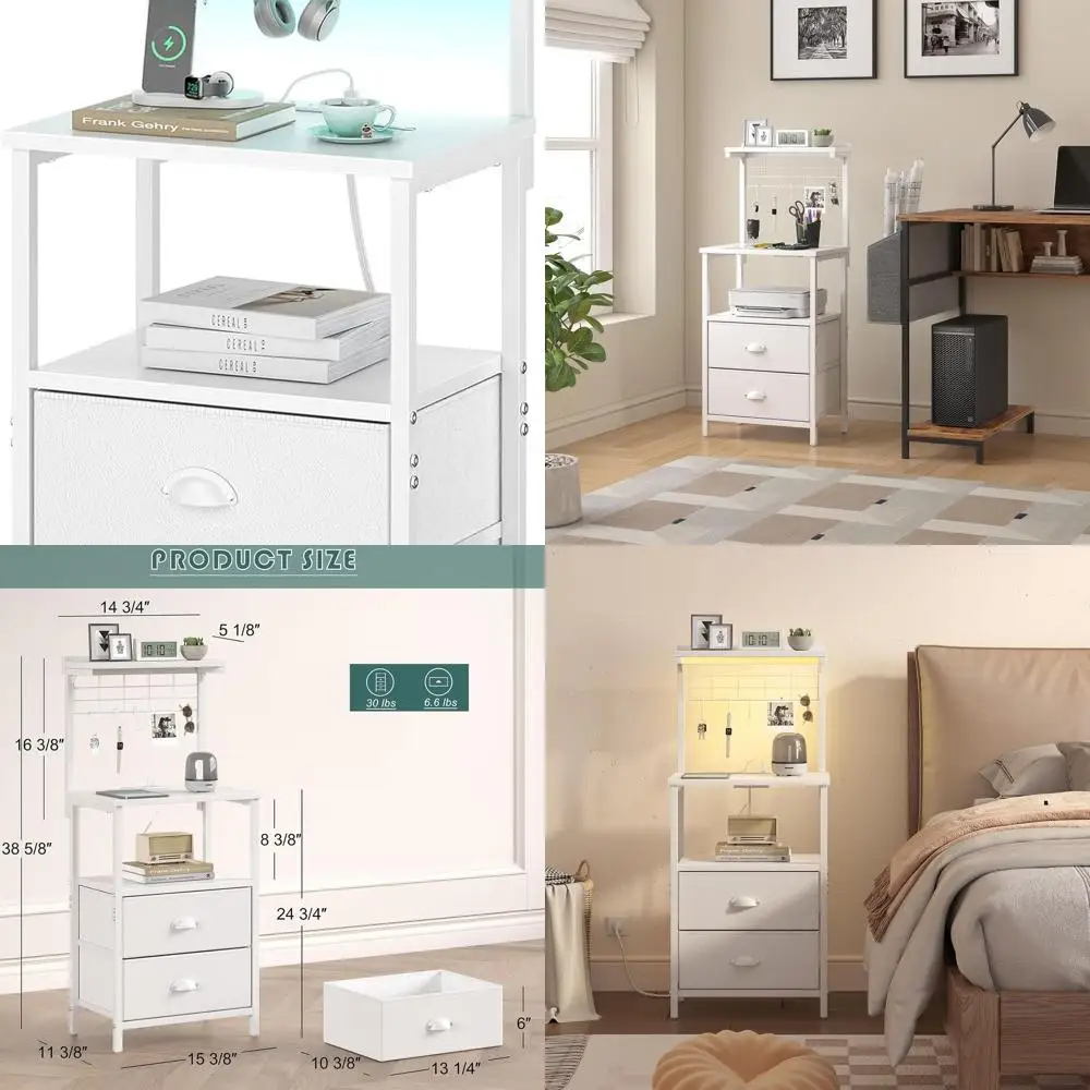 

White Tall Nightstand with USB Charging, LED Light, Fabric Drawers, Hooks & Open Shelves for Bedroom or Office