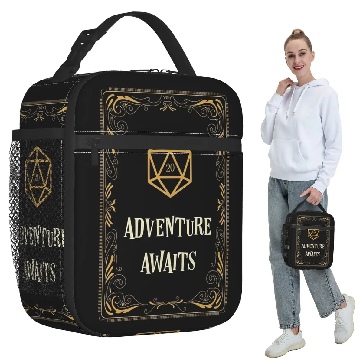 Adventure Awaits D20 Dice Tabletop RPG Insulated Lunch Bag School Cooler Thermal Food Box Tote Leakproof Lunch Boxes Container
