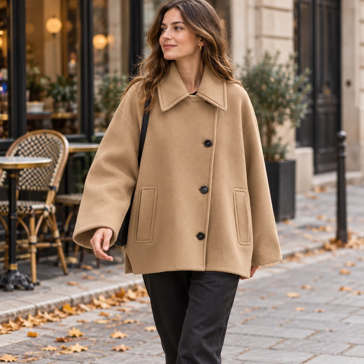 Women Woolen Jacket Single Breasted Loose Coat Turn Down Collar Long Sleeve Pockets Camel Autumn Winter Outerwear
