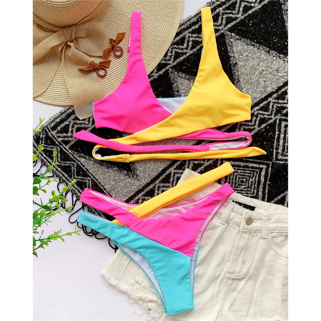 S-XL, zweiteiliger Bikini, Damen-Badeanzug, zweiteiliges Bikini-Set, asymmetrischer Schnitt, mittelhoher Bund, Badebekleidung, Badeanzug, Modell V2423. – Detail 9