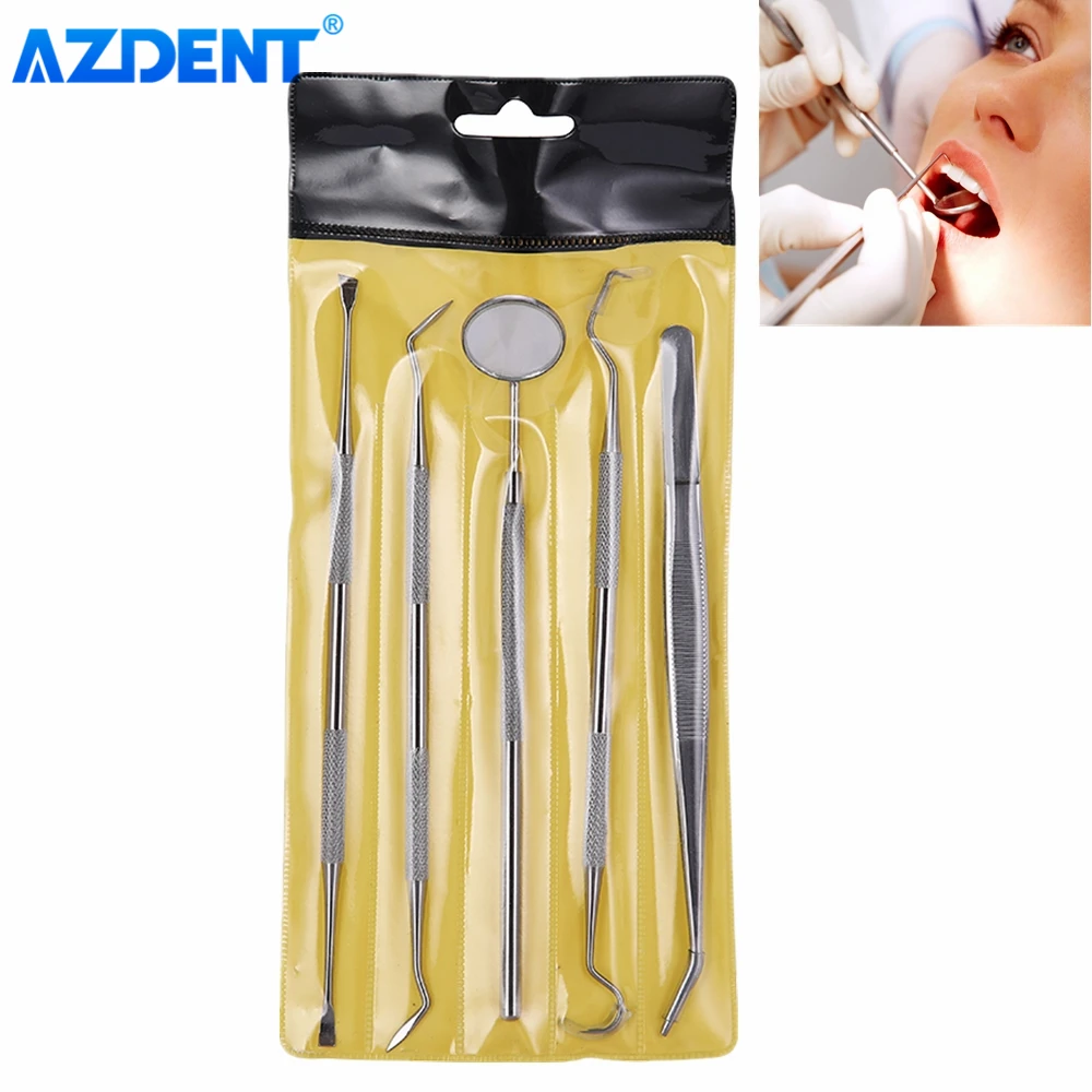 Dental Mouth Mirror Stainless Steel Tweezers AZDENT Elbow Probe Dentist Instrument Teeth Cleaning Whitening Dentistry Tools Set