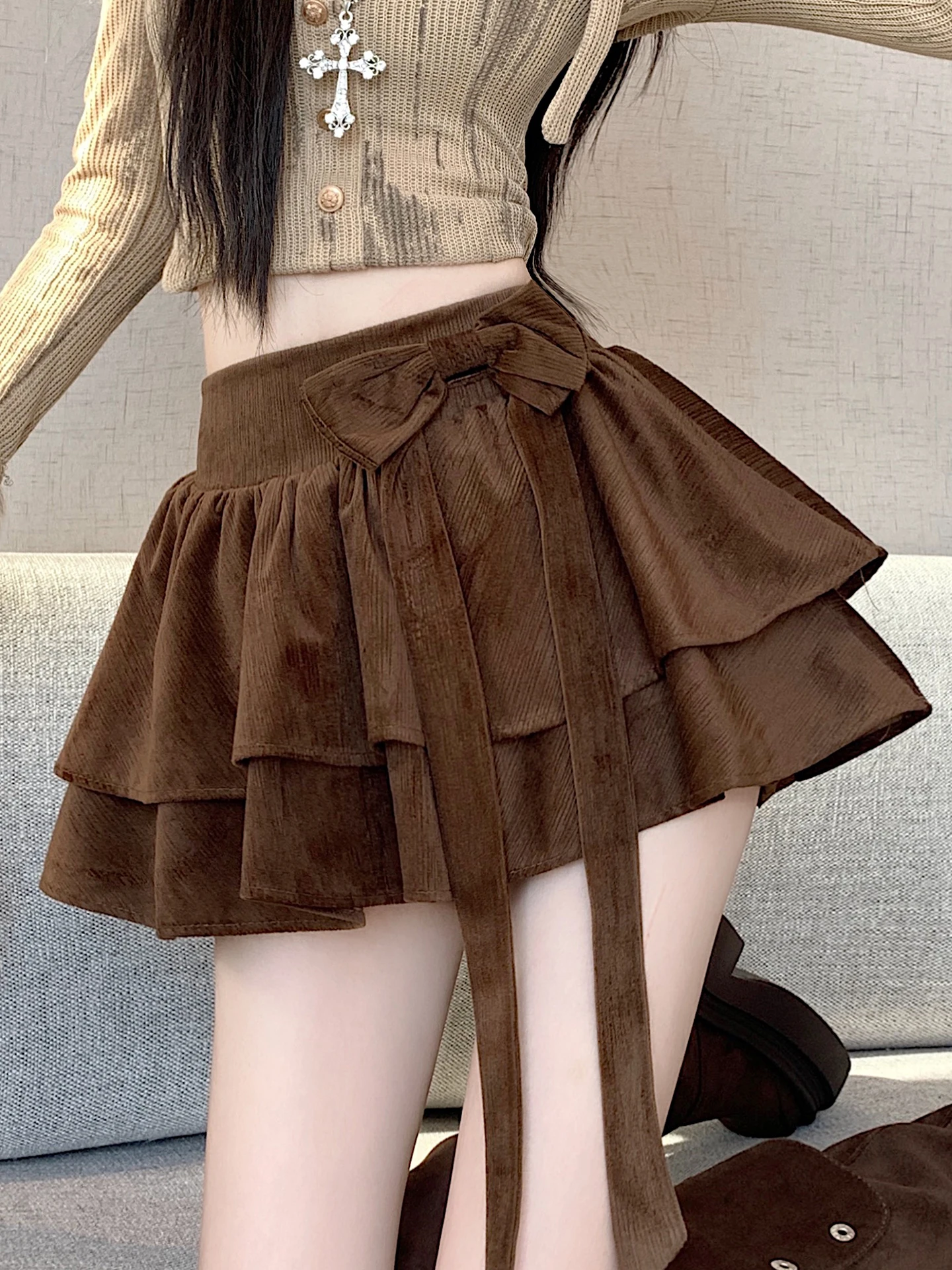 

Юбка А-силуэта с завышенной талией для женщин, осенне-зимняя, многослойная, с узлом, нежная, элегантная, облегающая, для дам