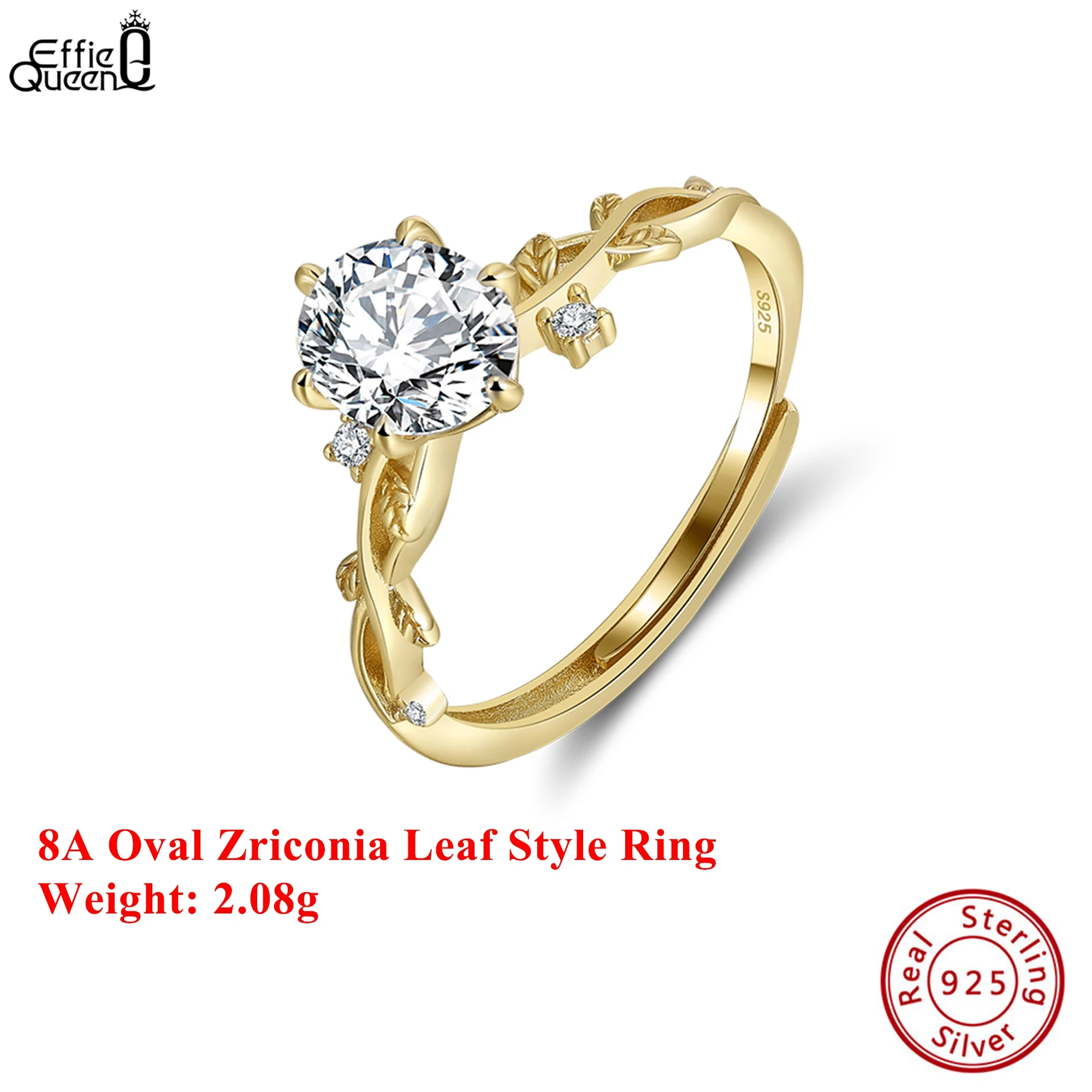 

Effie Queen 925 Silver 14k Gold Oval Zirconia Ring Leaf Style Simple Jewelry for Women, Men Finger Ring Wedding Party Gift LZR47