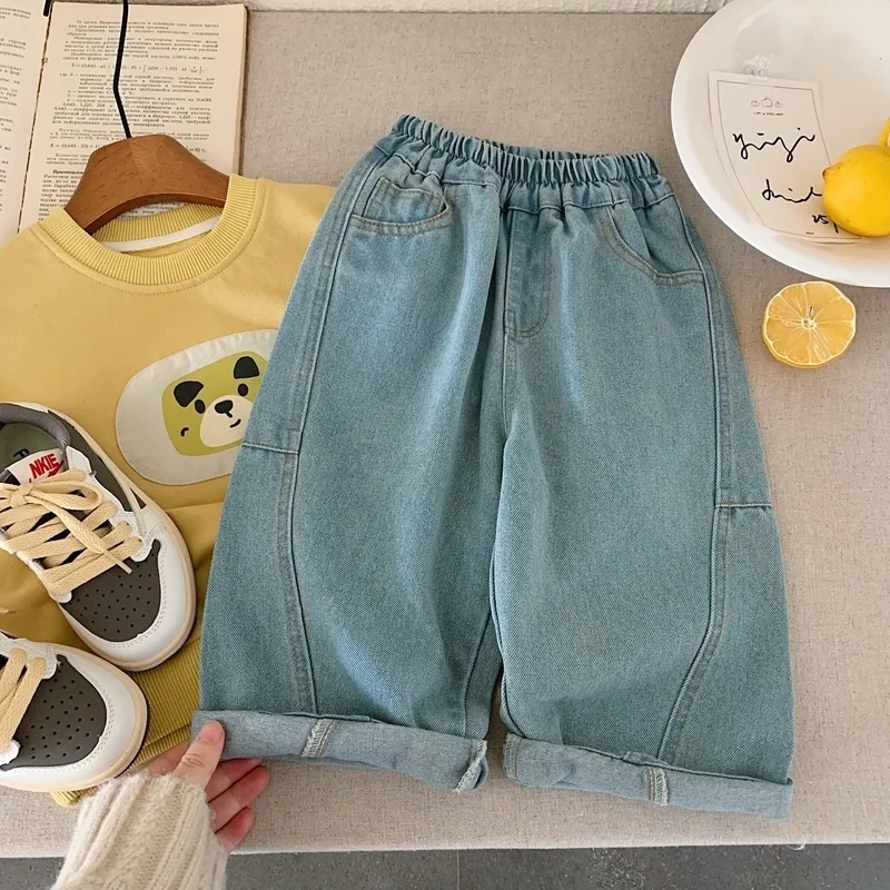 Pantaloni jeans per bambini Pantaloni primaverili e autunnali Pantaloni elasticizzati per ragazzi 2025 Pantaloni per piedi con stampa allentata per bambini nuovi 18M-7T