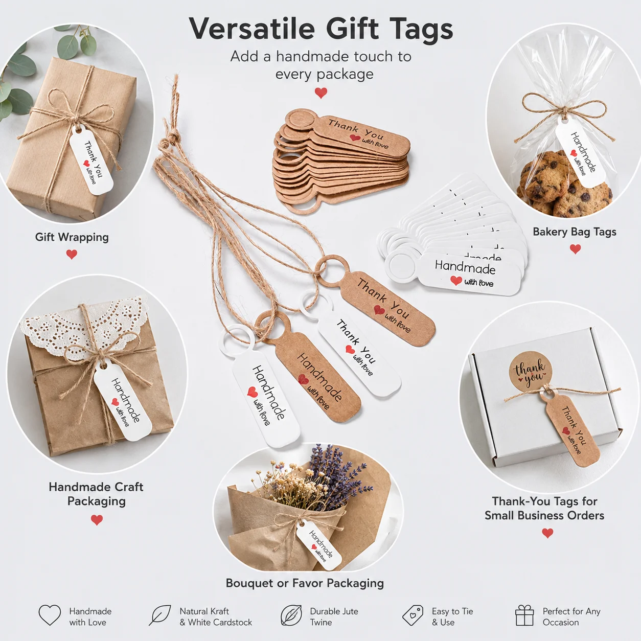 100 Stück Backetikettenkarten „Handgemacht mit Liebe“ „Danke“ – Kraftpapier, weiß – Ideal für Backwaren und Geschenkverpackungen mit Perlen – Detail 1