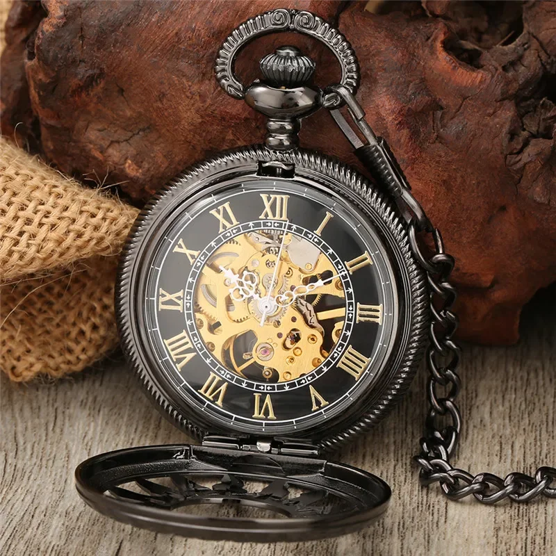 Antique Hollow Sun Flower Black Hand Winding Mechanical Watch Pocket Watches Roman Numerals Chain Pendant Clock Relgio de bolso