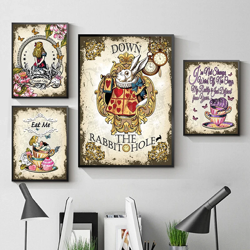 Alice In Wonderland Fairy Tale Book Cover Retro Poster Canvas Printing Alice Fairy Tale Wall Art Picture for Kids Room Decor