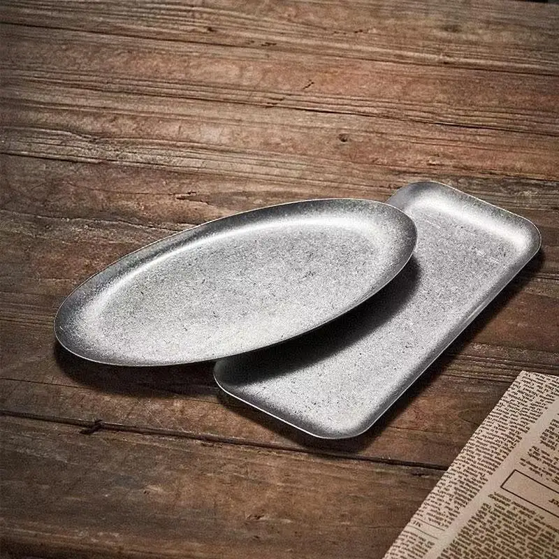 Retro Stainless Steel Shallow Snack Tray Elegant Oval Pastry Plate Reusable Serving Platter for Afternoon Tea Home Party Desser