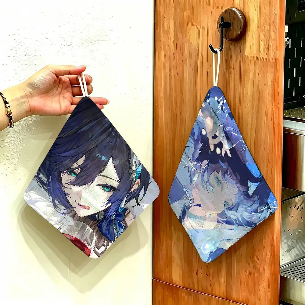 Anime Genshin Impact Cartoon Yelan Polyester Cotton Hand Wiping Towel, Anti-shrink Hanging Kitchen Cloth for Household Cleaning