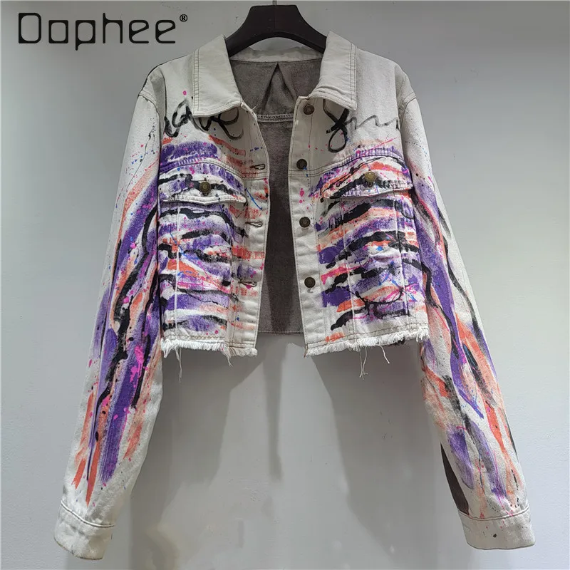 

Американская ретро граффити, ручная роспись, дизайн, джинсовая куртка для женщин, новинка 2025 года, модная куртка с длинными рукавами, короткое джинсовое пальто