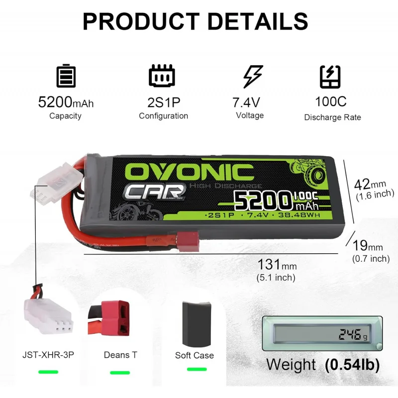 OVONIC Lipo Battery 2S Lipo Battery 7.4V 5200mAh 100C with Deans T Connector for RC Car Truck Vehicle Buggy Losi RC Model(2 Pack