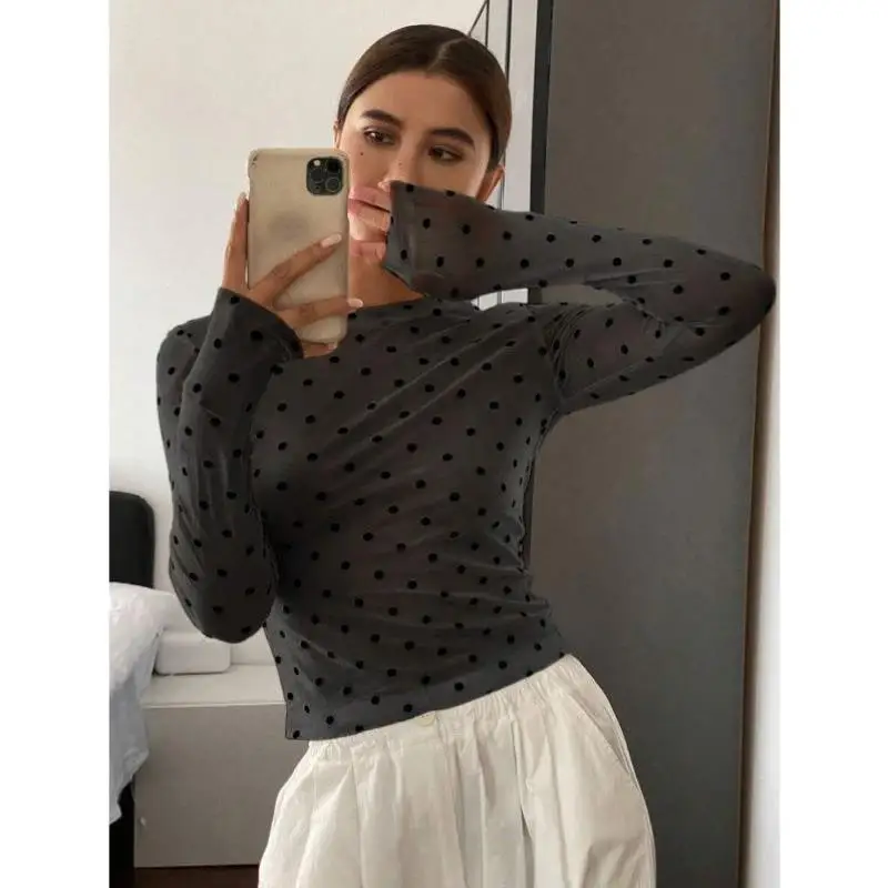 Faionable Slim Fit round Ne Long Sve Polka Dot irt Новое поступление Cross Border Q 786 Жилет из искусственной кожи Thiened для Mi...