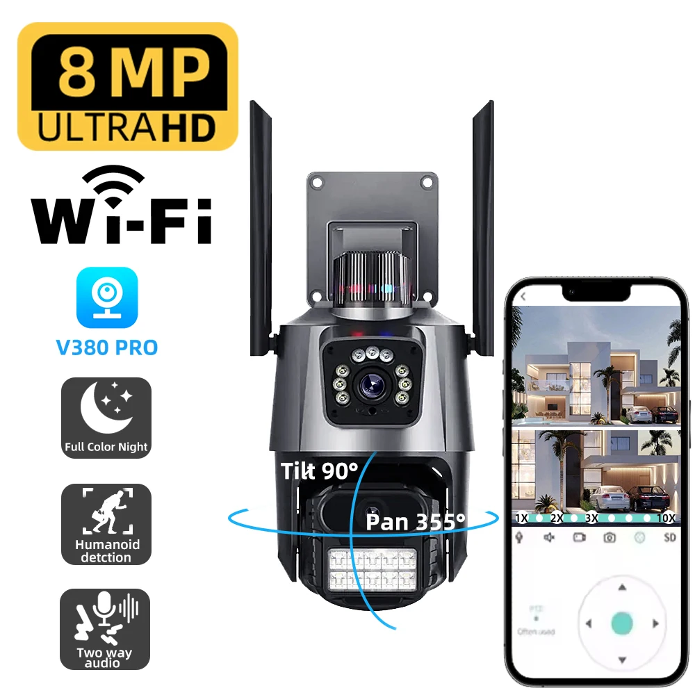 

4K HD 8MP Outdoor Security Camera Dual Lens PTZ Auto Tracking WIFI Wireless IP Cam Human Detection Night Vision Waterproof CCTV