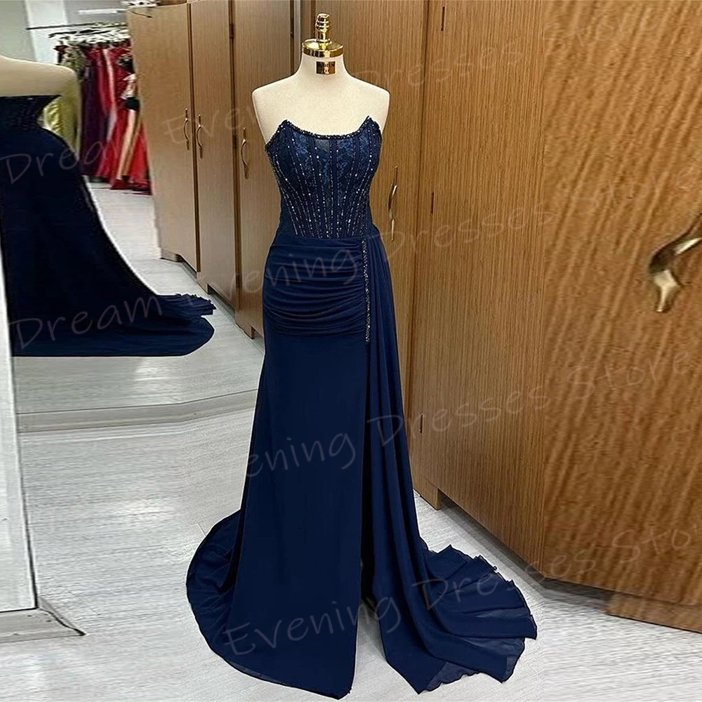 

Generous Modest Women's Mermaid Classic Evening Dresses Charming Strapless Prom Gowns Sleeveless Beaded Robe De Soiree Femmes