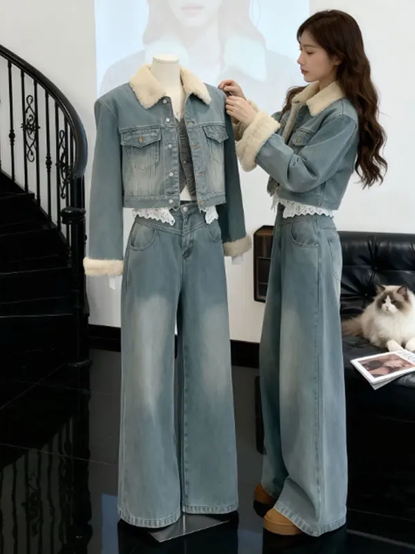 

Faionable Thiened Fce Джинсовая куртка на подкладке и широкие брюки Комплект из двух предметов Корейский Sle Удобная осенняя одежда для женщин