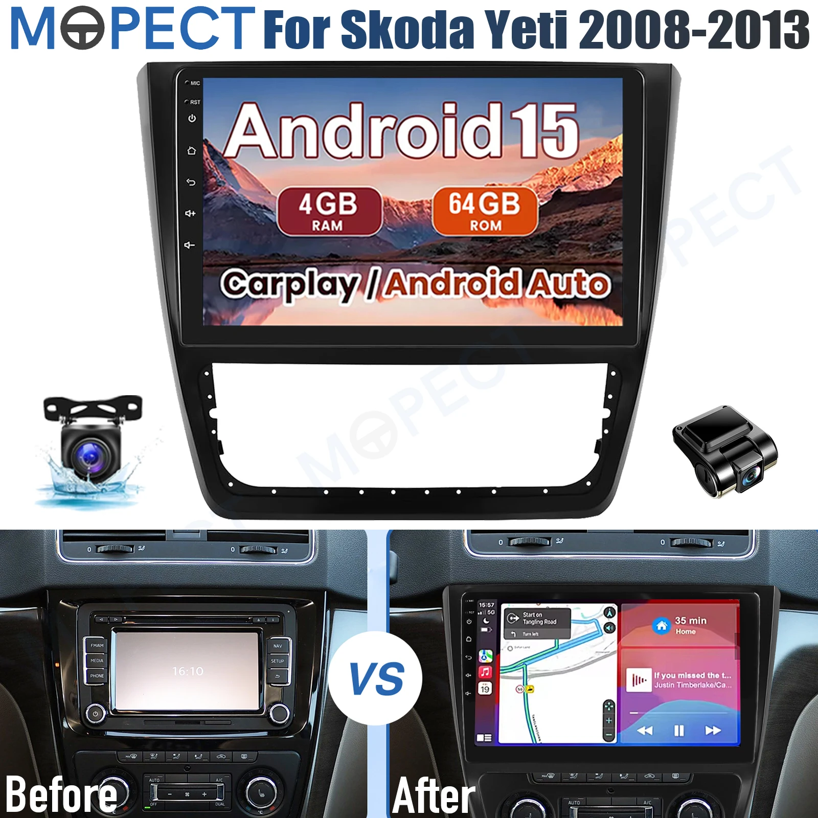 Autoradio Android 15 MOPECT 10'' per Skoda Yeti 2008-2013 con WiFi, CarPlay, 4+64G, Navigazione GPS, Touchscreen, SWC, BT, DVR e Telecamera