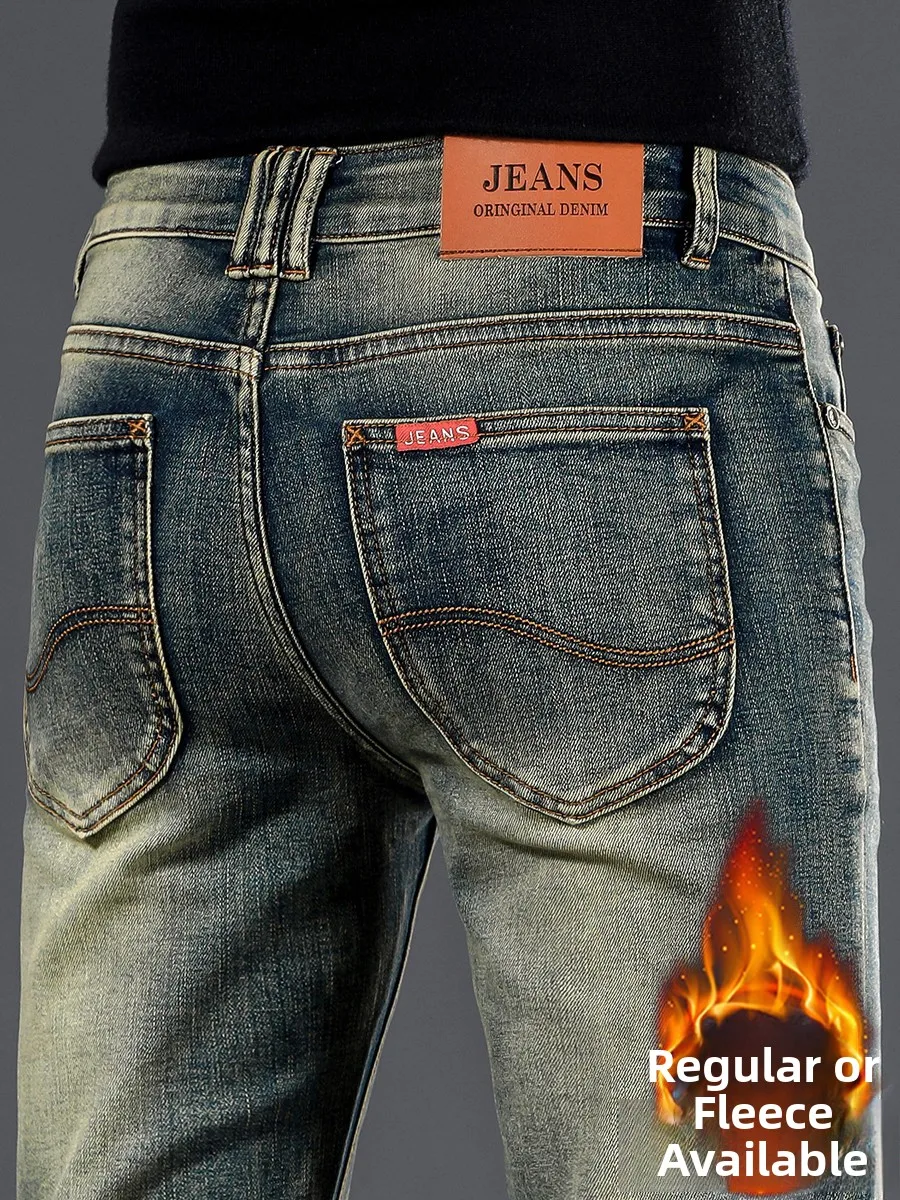 

Retro Men's Jeans Slim Straight Elastic Trendy Casual Pants New Fleece Autumn Winter Fashionable Urban Wear Resistant
