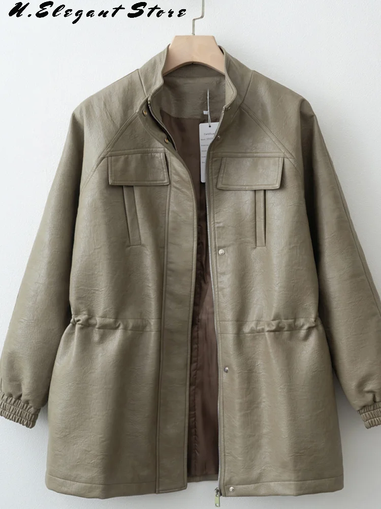 秋冬PUレザージャケット レディース 無地 長袖 ウエストゴム調節可能 コート 2025年新作 レディースファッション カジュアルアウター