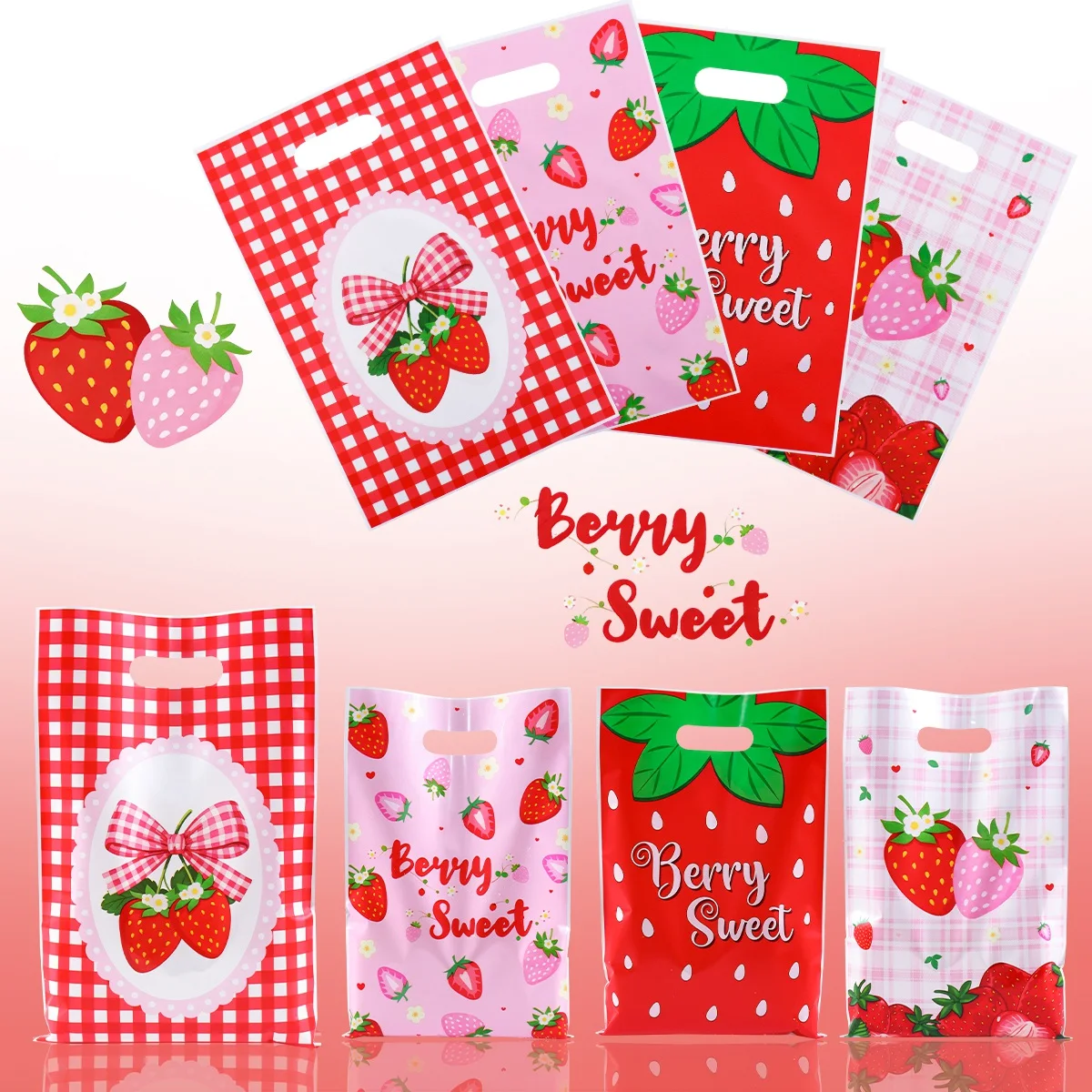 10/20/50 Stück Rosa Erdbeer-Gänseblümchen-Handtaschen Party-Geschenkverpackungen Erdbeer-Geburtstagsparty-Zubehör Geschenktüten – Detail 13