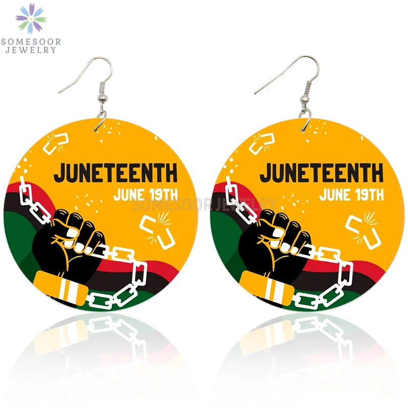 SOMESOOR Celebrate Juneteenth Black History Wooden Drop Earrings Freedom Since 1865 Power Fist Print Ear Dangle For Women Gifts